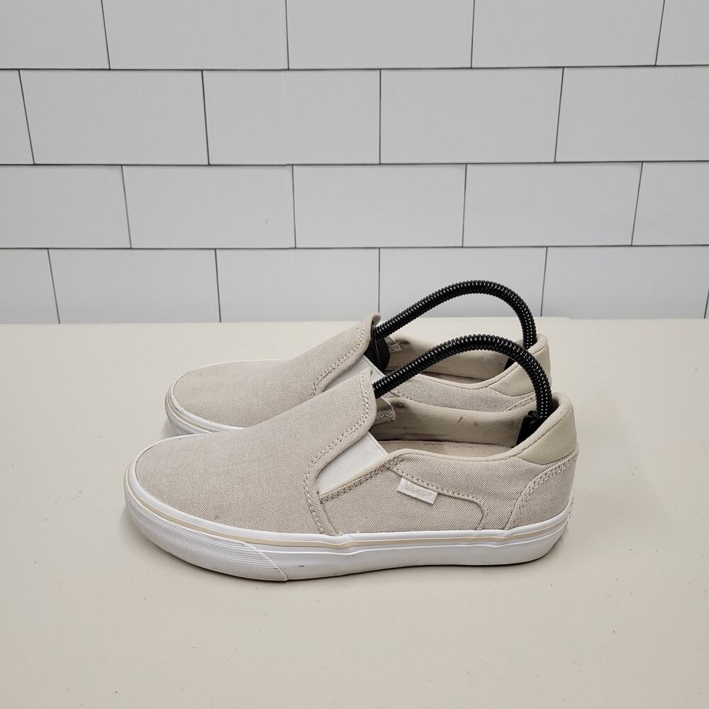 Vans Womens 7.5 Beige Tan Canvas Slip On Shoes Deluxe Comfort Sneakers